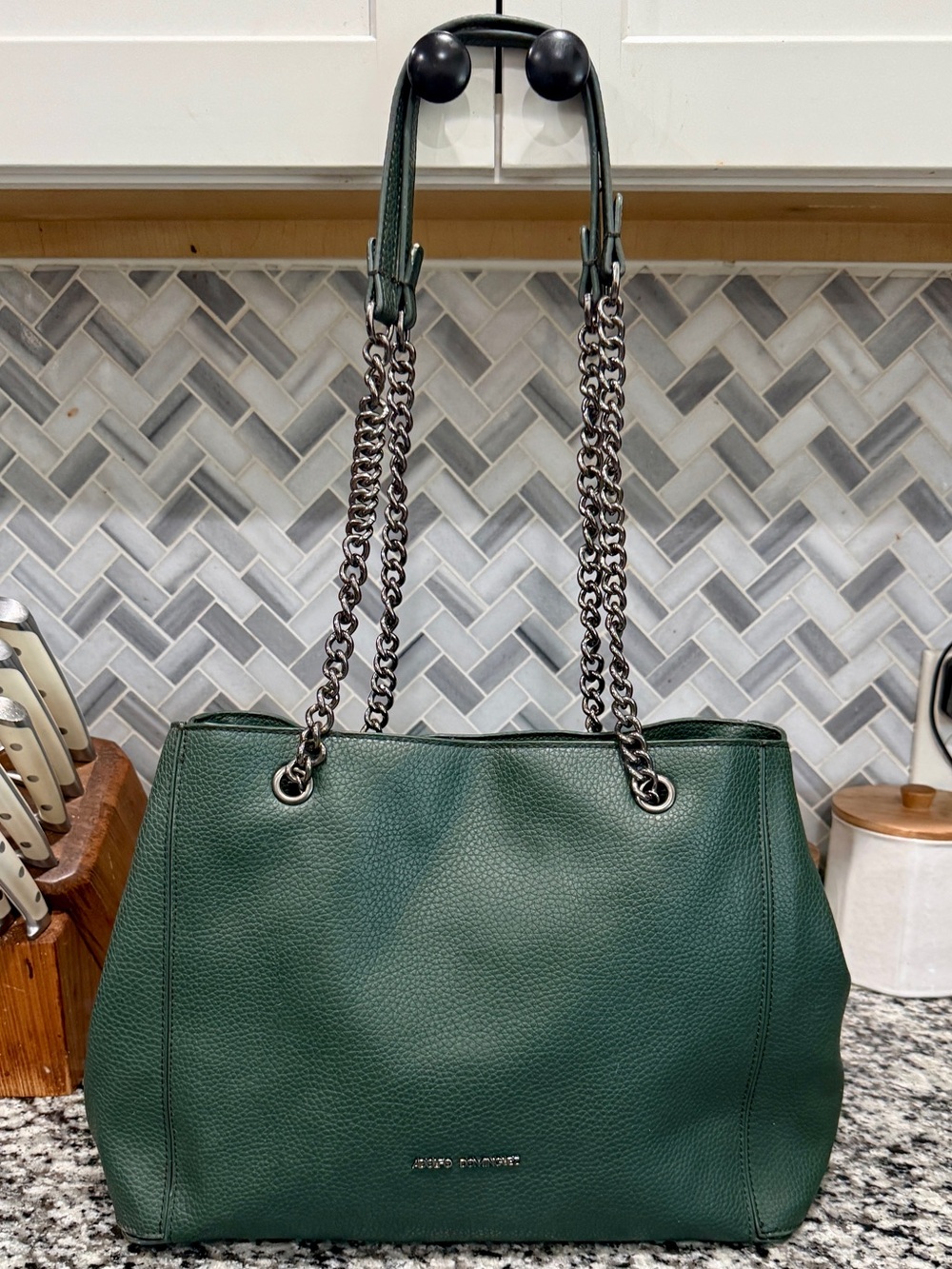 Adolfo Dominquez Pebbled Dark Green Chain-Handle Shoulder tote Bag